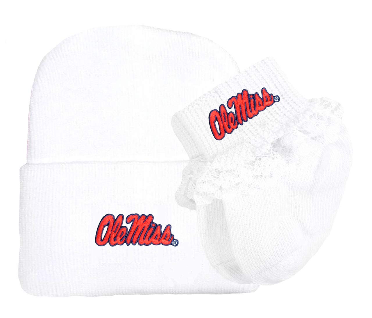 Future Tailgater Mississippi Ole Miss Rebels Baby Knit Cap and Socks with Lace Set White