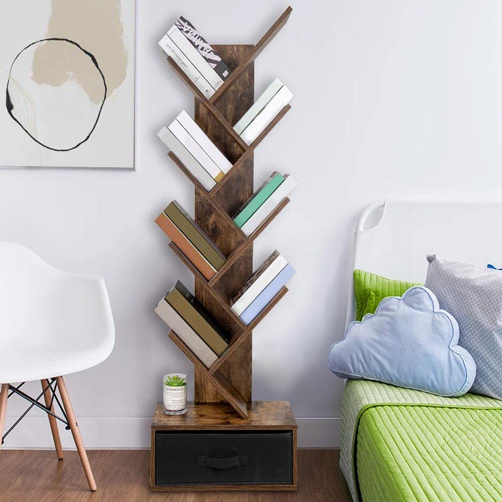 BAKAJI Libreria Scaffale 10 Ripiani Inclinati in Legno MDF con Cassetto in Tessuto, Scaffalatura con Design Moderno per Soggiorno, Salotto, Casa, Ufficio, Dimensione 149 x 38 x 20 cm