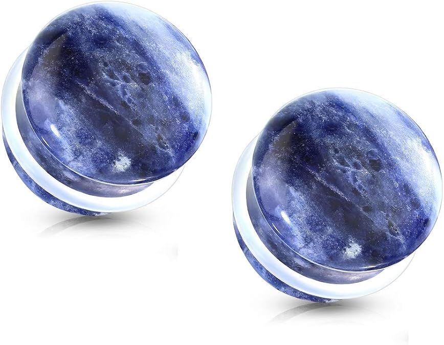 Pierced Owl - Natural Sodalite Stone Convex Single Flare Plug Gauges With Clear O-Rings, Sold As A Pair