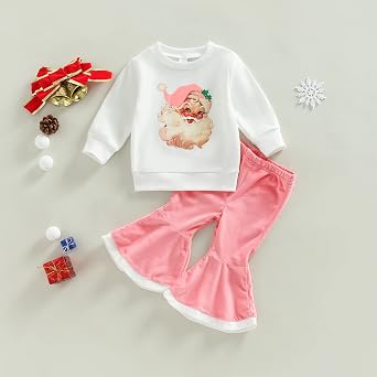 Toddler Baby Girl Christmas Outfit Santa Baby Long Sleeve Sweatshirt Flared Long Pants Cute Winter Clothes Set