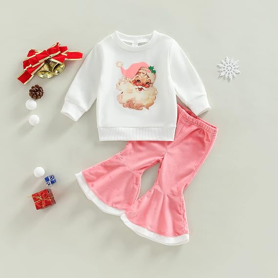 Toddler Baby Girl Christmas Outfit Santa Baby Long Sleeve Sweatshirt Flared Long Pants Cute Winter Clothes Set