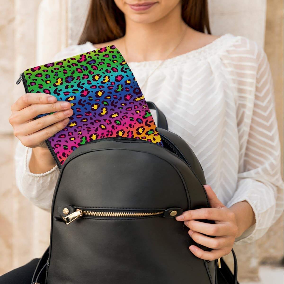 4 Pack Rainbow Leopard Print Makeup Bag Cosmetic Bags,Leopard Decor Gifts for Women Cheetah Lovers Daughter Girl Friend Sister Niece Nurse Friendship Anniversary Christmas Waterproof Toiletry Bag - Image 5