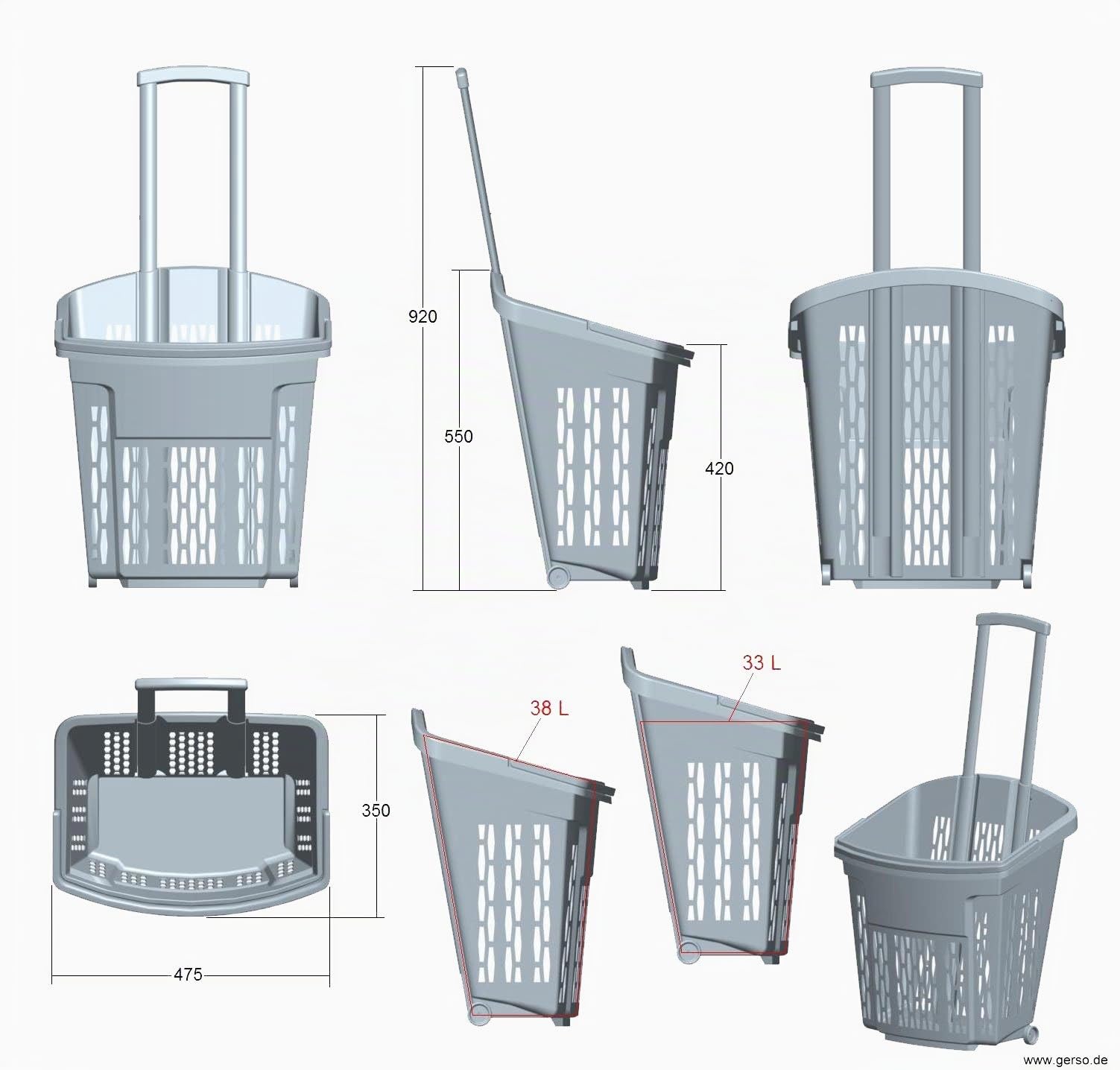 Gerso - Panier de courses - Avec roulettes - 40 l rouge