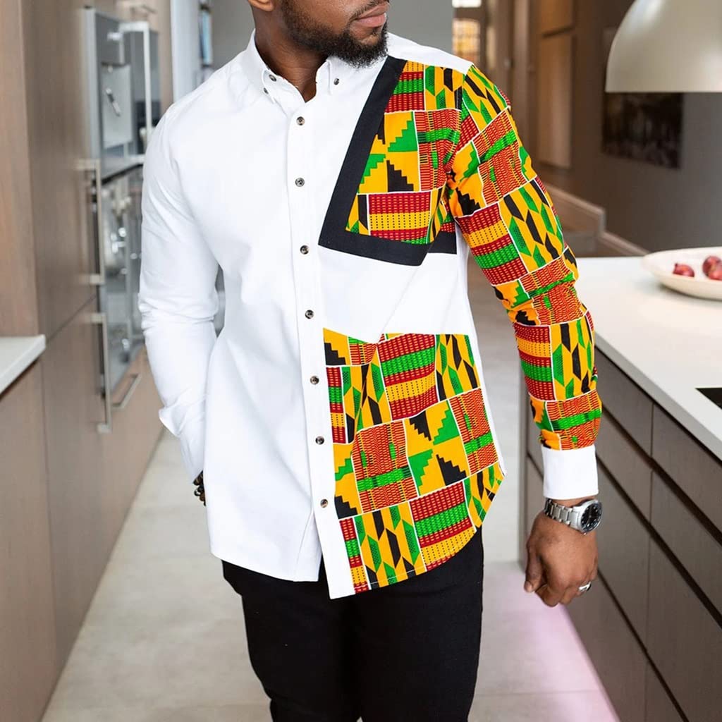 Afrykanin Męskie Koszule Wydrukować Najfatalniejszy Plemienny Podkoszulek Długi Rękaw Dashiki Tradycyjny Odzież Strój Dres (Color : White, Size : M)