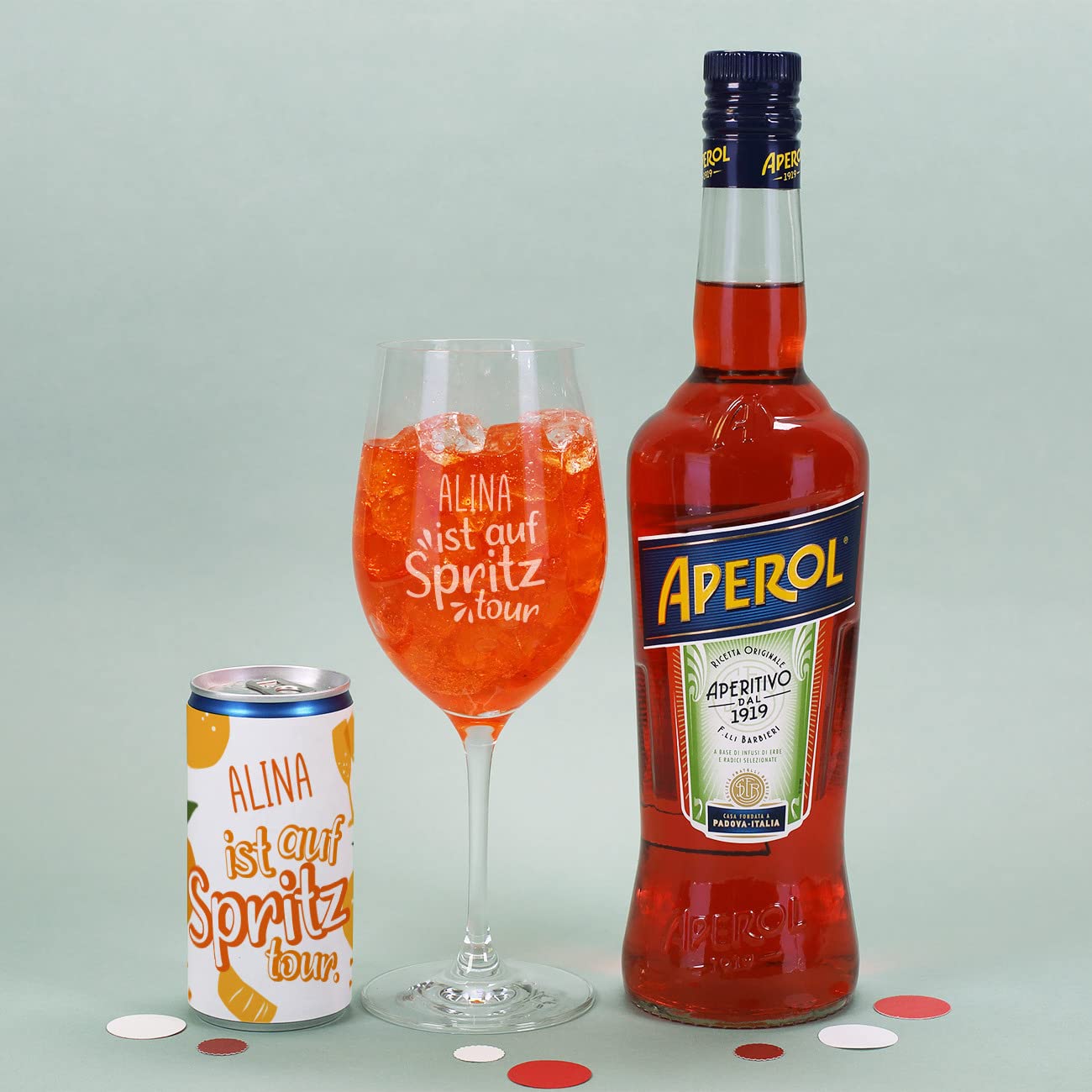 Herz & Heim Geschenkset für Frauen mit Aperol, Weinglas Gravur, Secco Dose Name – Geburtstagsgeschenk