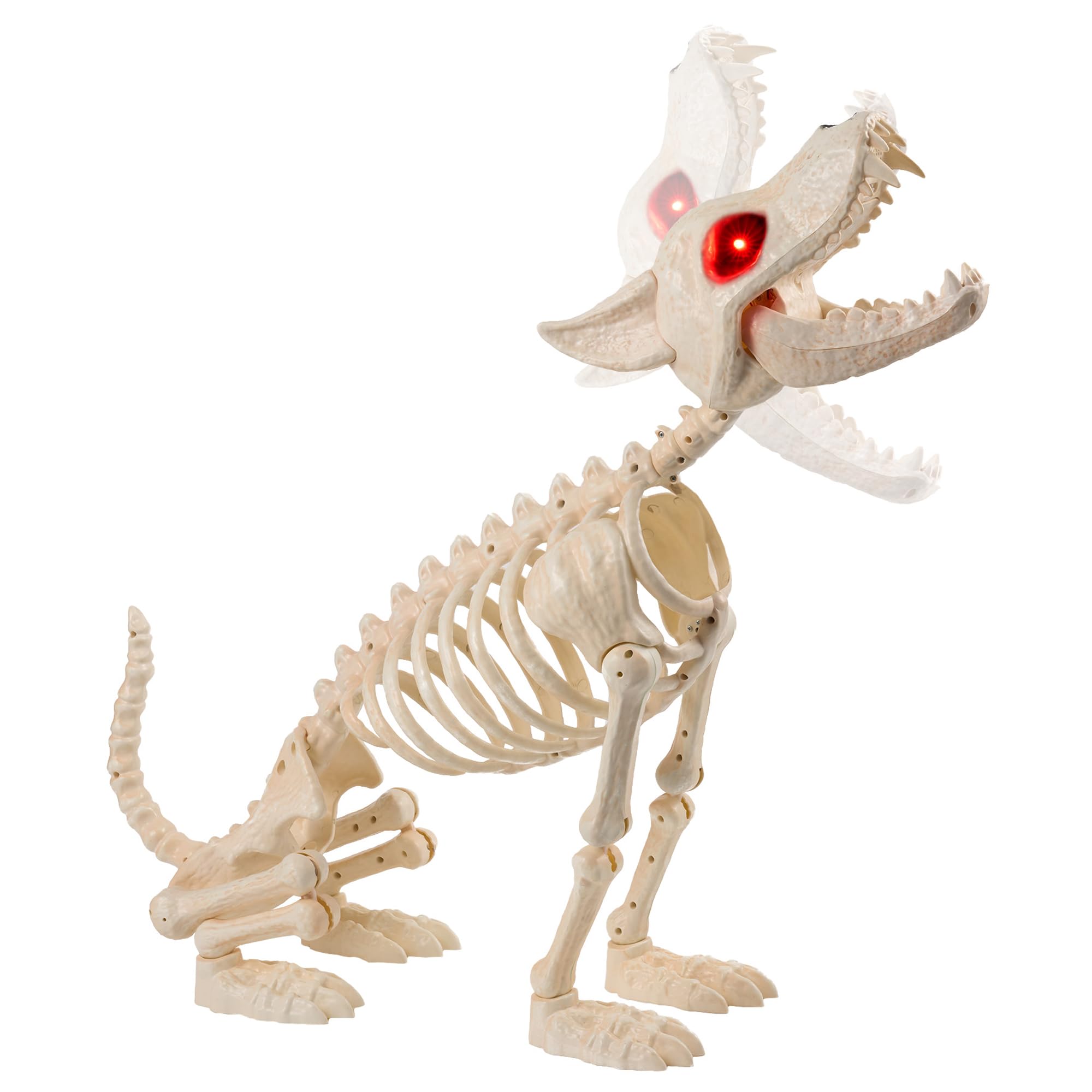 JOYIN Heulender Wolfsskelett Halloween-Dekoration 86 cm Skeletthund mit roten LED-Augen, automatischem Kinnöffnen und -schließen, beweglichen Gelenken Tierskelett für Garten