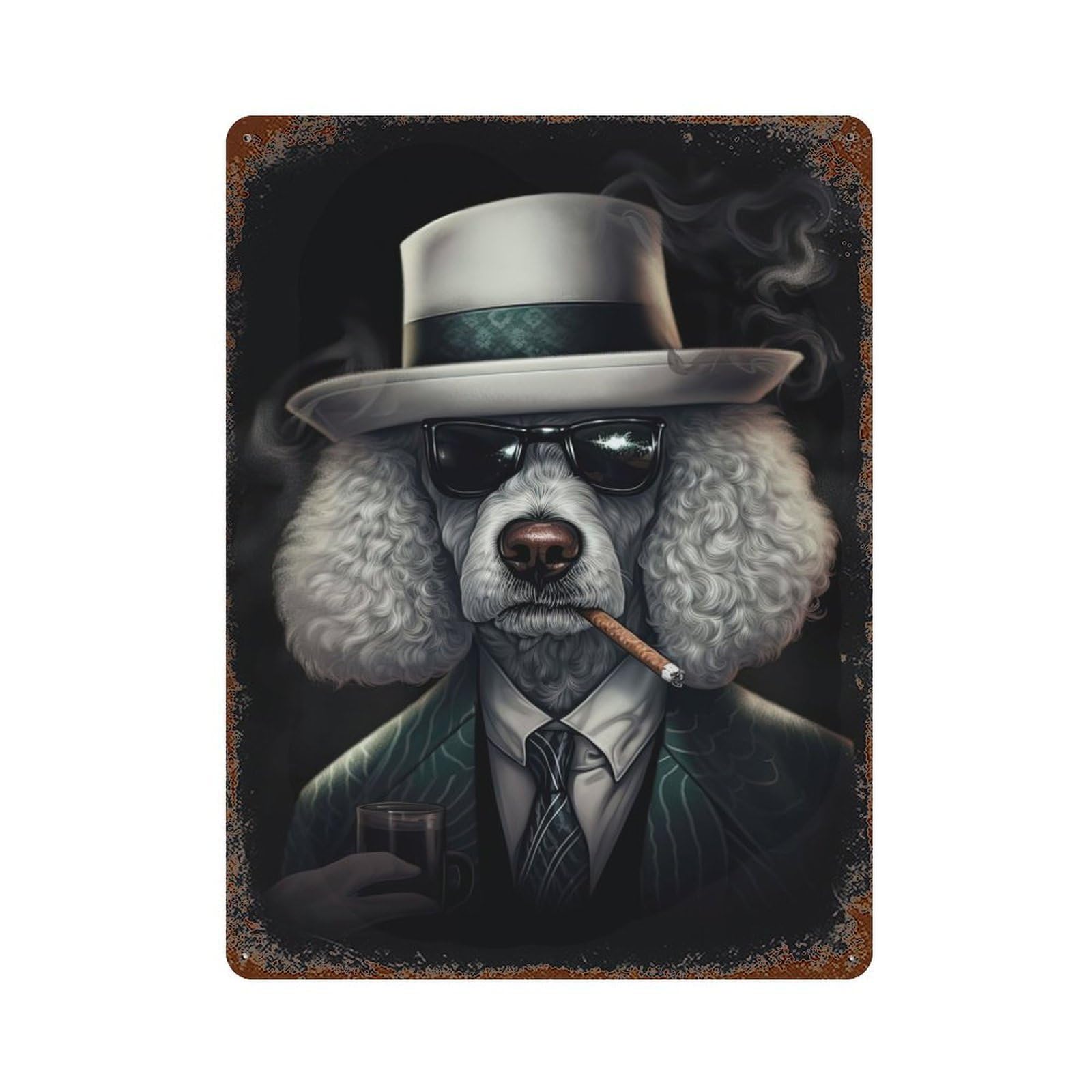 Poodle Dog Gangster Suit Rusty Metal Tin Sign 15.7"x11.8", for Shed, Workshop And Garage Wall Decor, Novelty Wall Decor