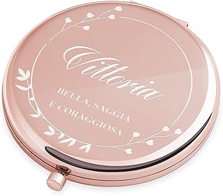 Maverton Specchio Rotondo da Borsetta – Personalizzato con Incisione Laser - 2 in 1 - Specchio Ingranditore + Specchio - Specchio Trucco - regalo donna compleanno - Bella