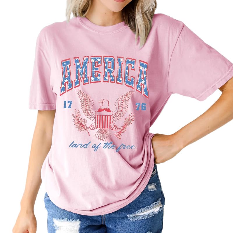 Patriotic Shirts for Women, Summer Loose Fit Short Sleeve T-Shirt, Casual Crewneck USA Graphic Tee