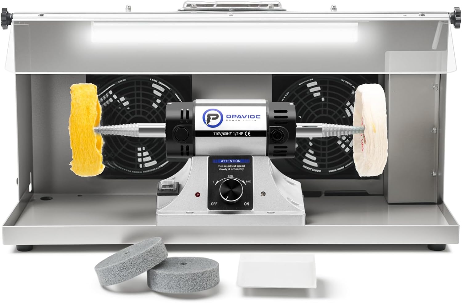 Jewelry Polisher - Adjustable Variable Speed Bench Buffer Polishing & Buffing Machine, Dental Buffer & Lathe - With Dust Collector Hood, Working Light & Filter for Jewelry, Silver and Metal Polishing