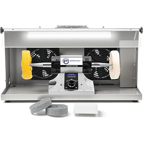 Jewelry Polisher - Adjustable Variable Speed Bench Buffer Polishing & Buffing Machine, Dental Buffer & Lathe - With Dust Collector Hood, Working Light & Filter for Jewelry, Silver and Metal Polishing