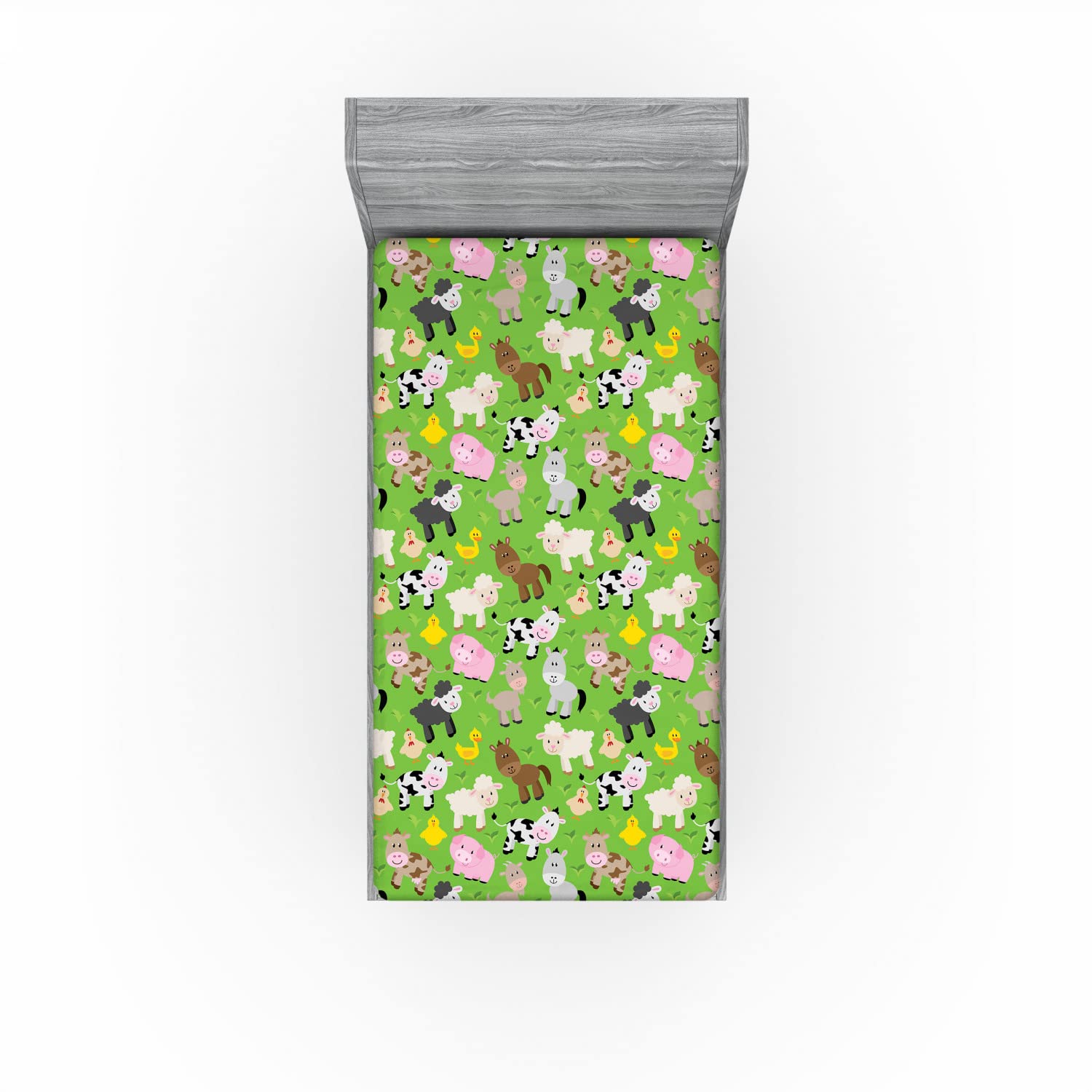 Ambesonne Pig 2 Pack Fitted Sheet, Creatures Cartoon, Bed Cover All-Round Elastic Deep Pockets 2 Pieces, Package Contains 2 Twin Size Fitted Sheets, Lime Green