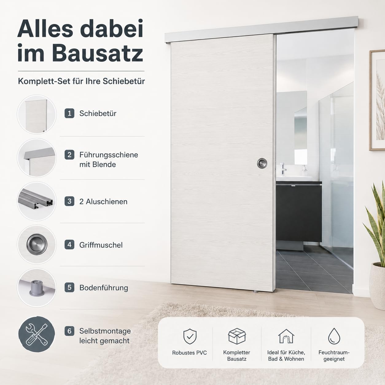 Puerta corredera de plástico, Grosfillex, 79450C06, kit completo, 87,4 x 216,8 cm, color madera blanco