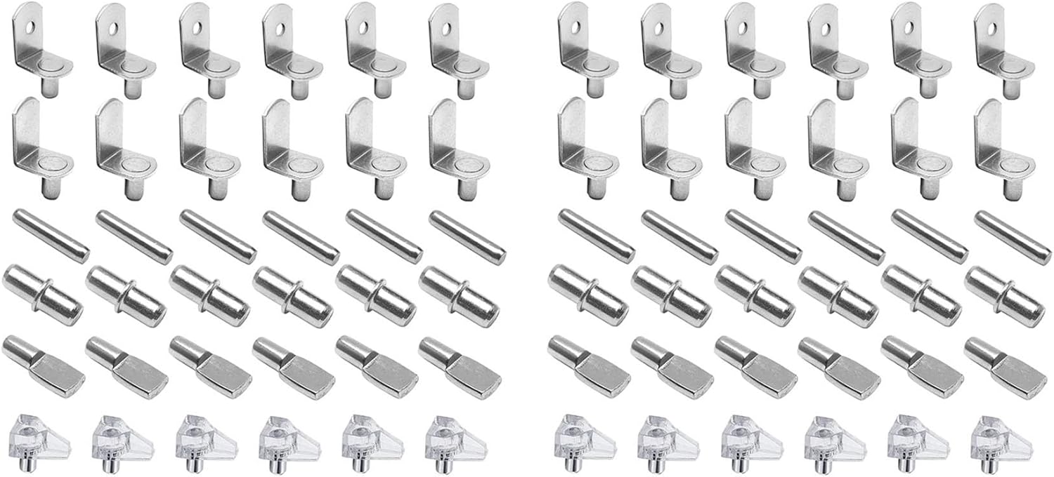 144Pcs Shelf Pegs Support Kit, 6 Styles Shelf Pins, Nickel Plated Cabinet Shelf Pegs for Shelves Bookcase Bookshelf Pegs