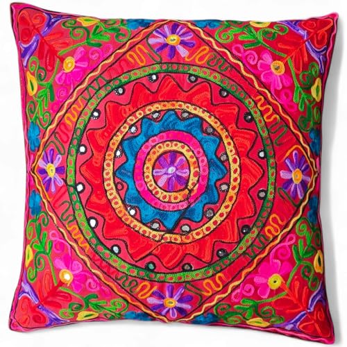 Hecho a mano 60x60 cm Fundas de cojín decorativas de cachemira, Suzani Mandala de algodón, con lentejuelas bordadas, estilo boho para decoración del hogar, al aire libre, funda de 60x60 cm vegana