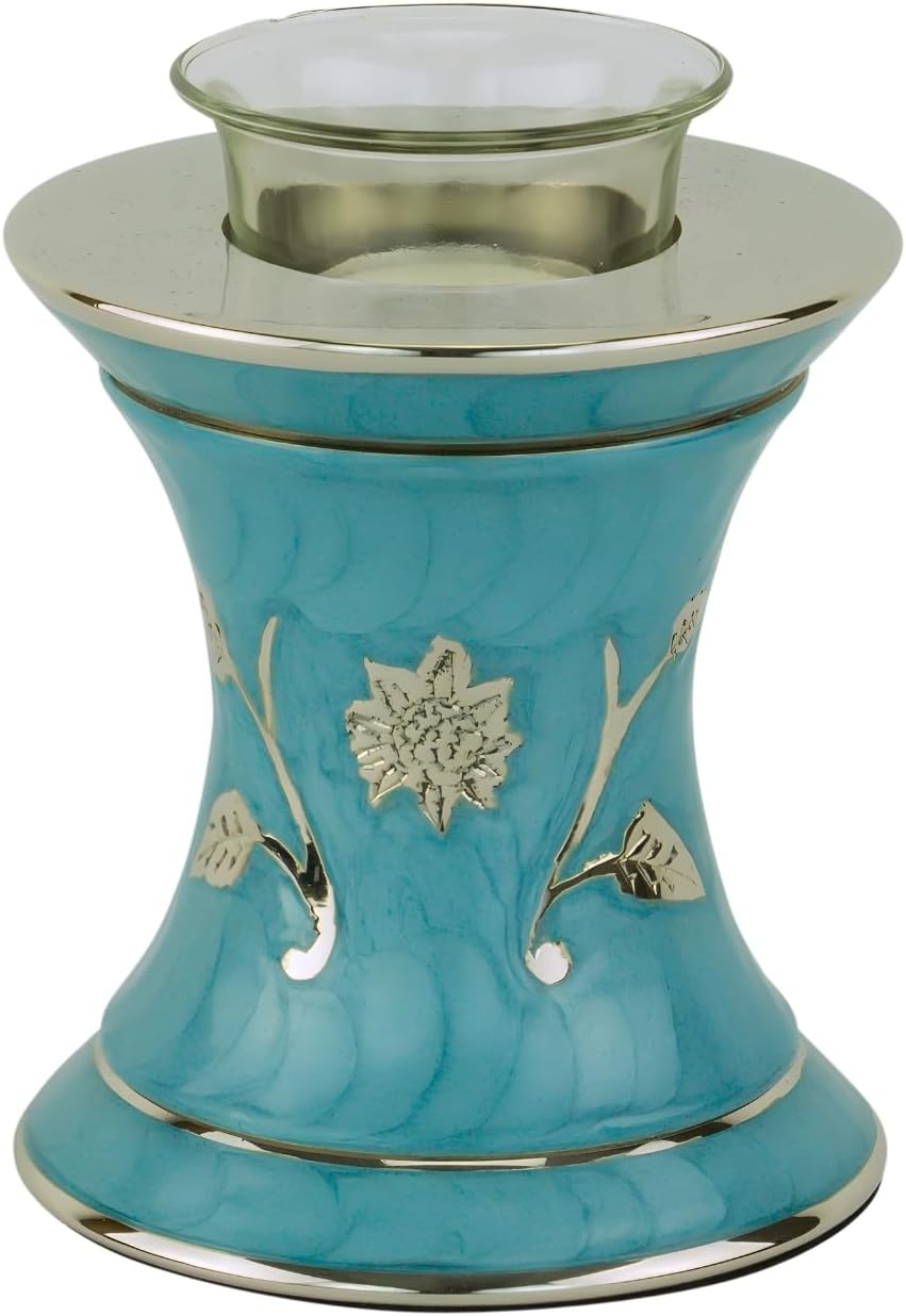Grace Turquoise Tealight Cremation Urn for Ashes, Brass Memorial Candle, Blue Green, Extra Small Size, 5.5 Inches High