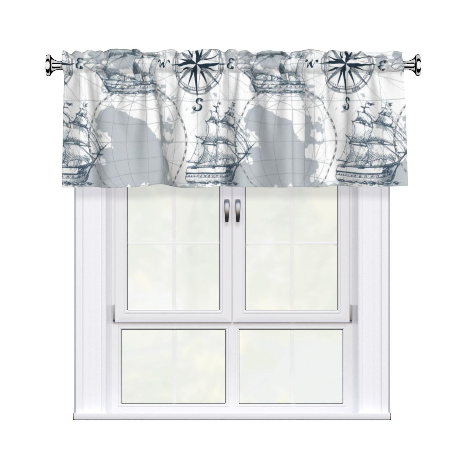 WHJDPP Nautical Sailboat Map Prints Curtain Valance 54x18 Inch - Peach Skin Window Cover with Printed Design, Filtering Light for Kitchen Decor