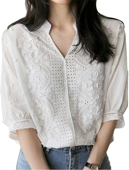 Amazon | [SYitong] レース トップス 刺繡 白 ブラウス レディース