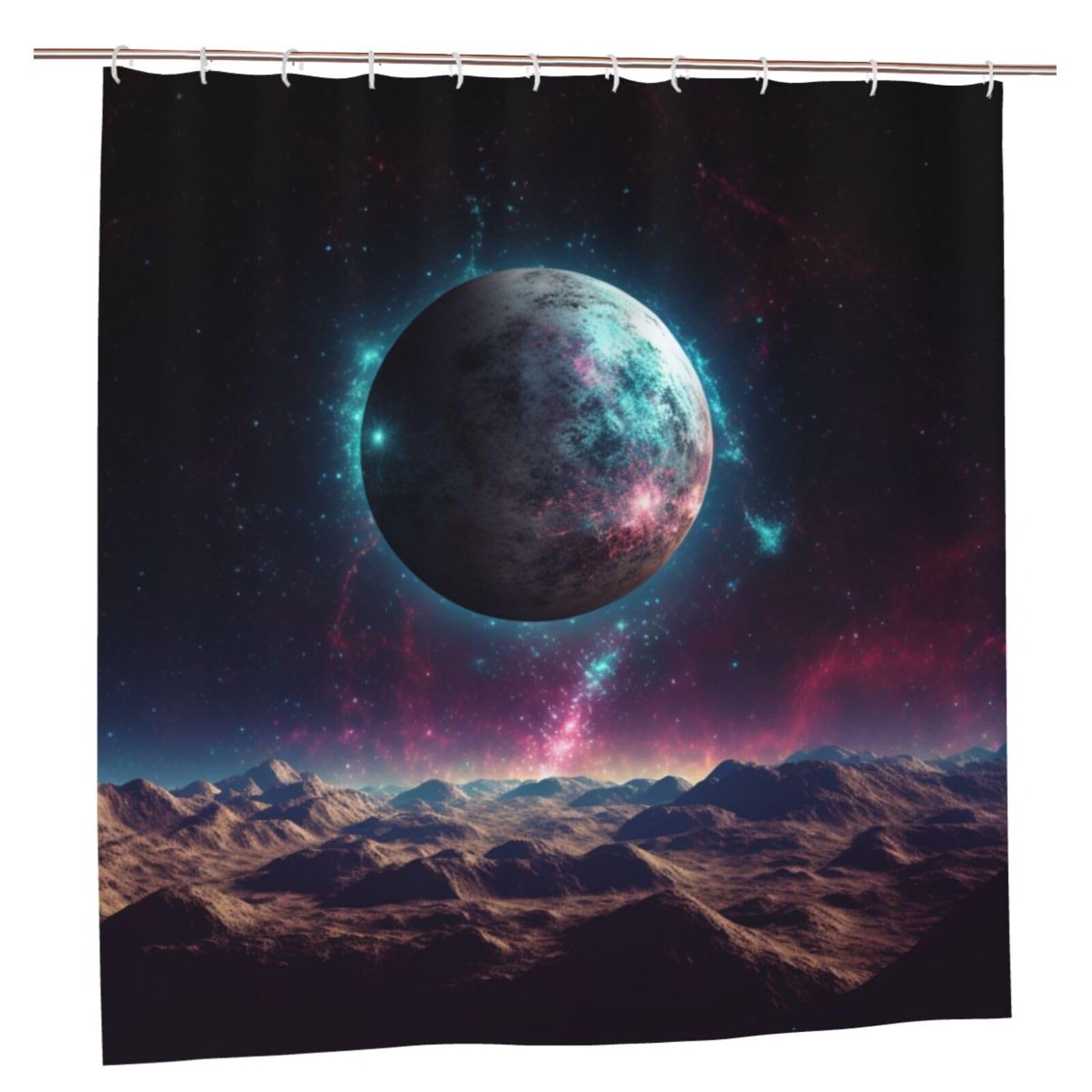 BWWHCCTI Galaxy Planet Printed Shower Curtain With 12 Plastic Hooks Opaque Quick Drying Waterproof Shower Curtains Sets For Bathroom 183x183 CM