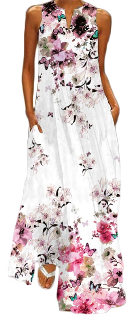 WINKEEY Vestido Maxi para Mujer Estampado Floral Mariposa Bohemio con Bolsillos Sin Mangas Talla Grande