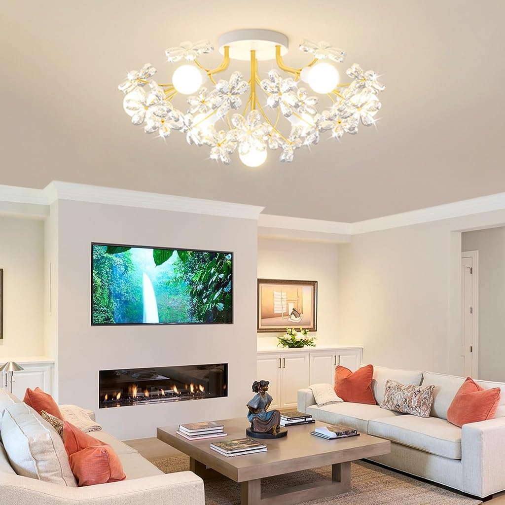 RuiRfh Ceiling light modern golden dining room 5 light crystal chandelier 60cm metal semi-recessed ceiling Lamp suitable for kitchen bedroom entrance living room corridor bar creative decoration