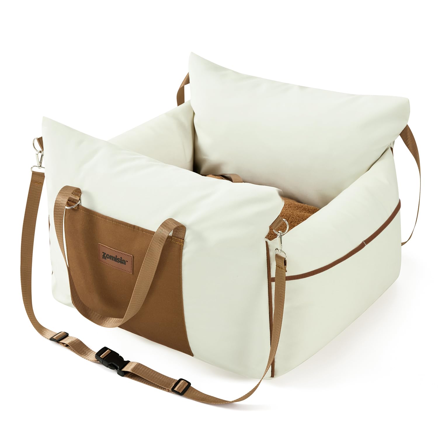 Dog Car Seat for Small Dogs - Waterproof Pet Booster Seat for Car with Clip-On Safety Leash, Soft Travel Carrier for Puppy up to 25 lbs, Memory Foam Filling and 2 Adjustable Buckles, Beige