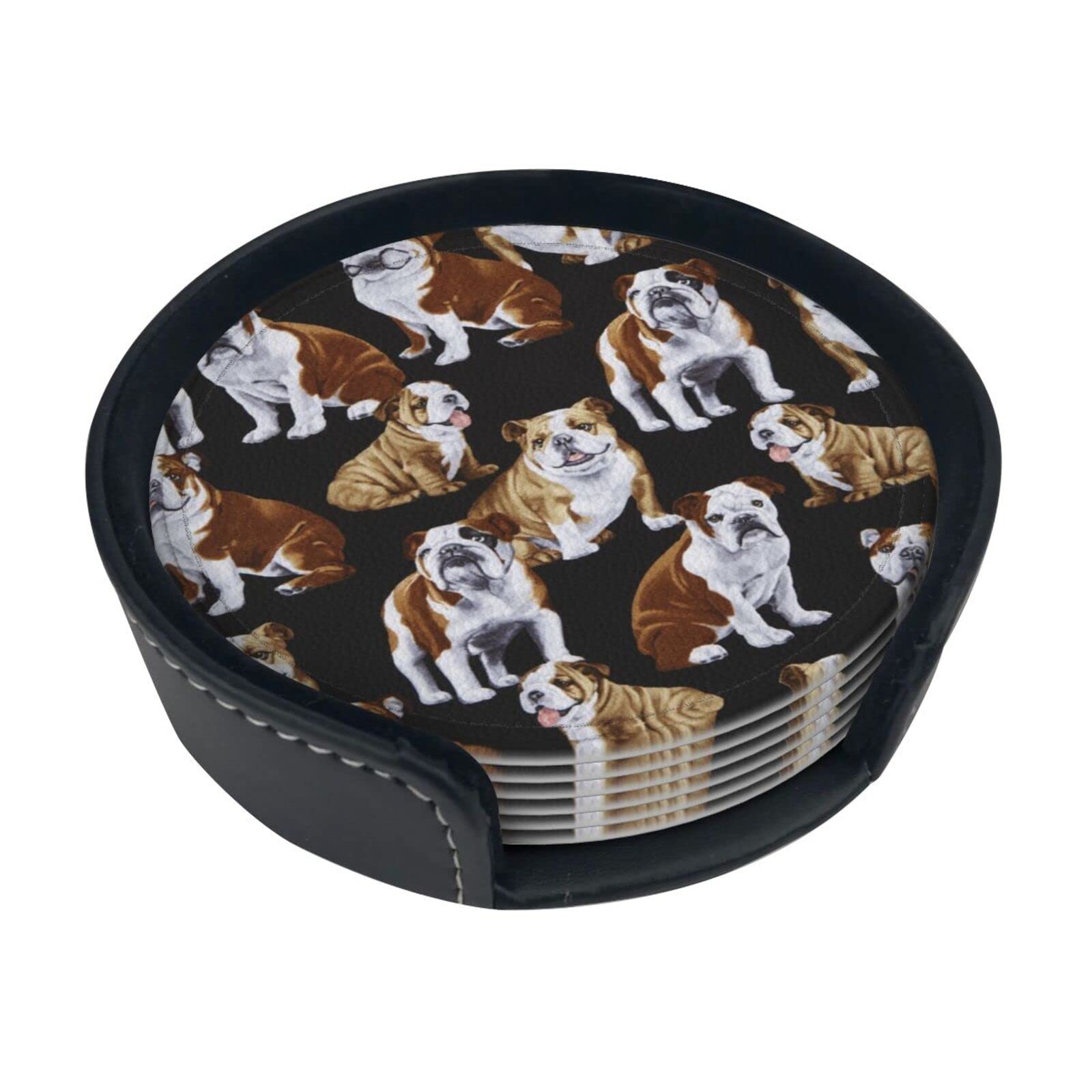 Coasters Set Of 6 English Bulldogs Print Leather Coasters For Drinks,Home Décor And Housewarming Gift