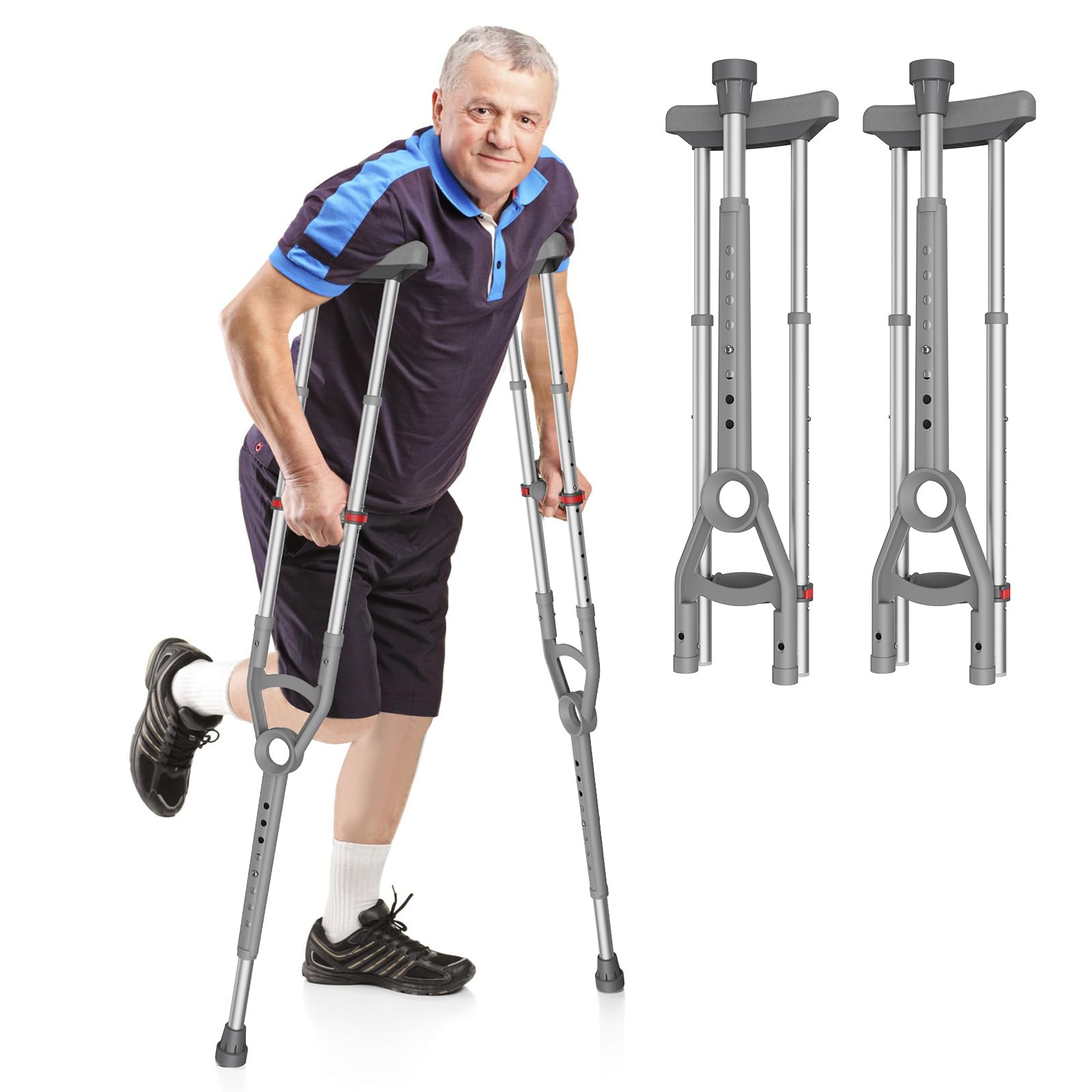 Adjustable Crutches with Padded Grips Height Adjustable Mobility Aid, Aluminum Underarm Support 330LB Adjustable Height 38.2-61.8 in Non-Slip Tips, Tool-Free Setup One Pair — Amazon image 2