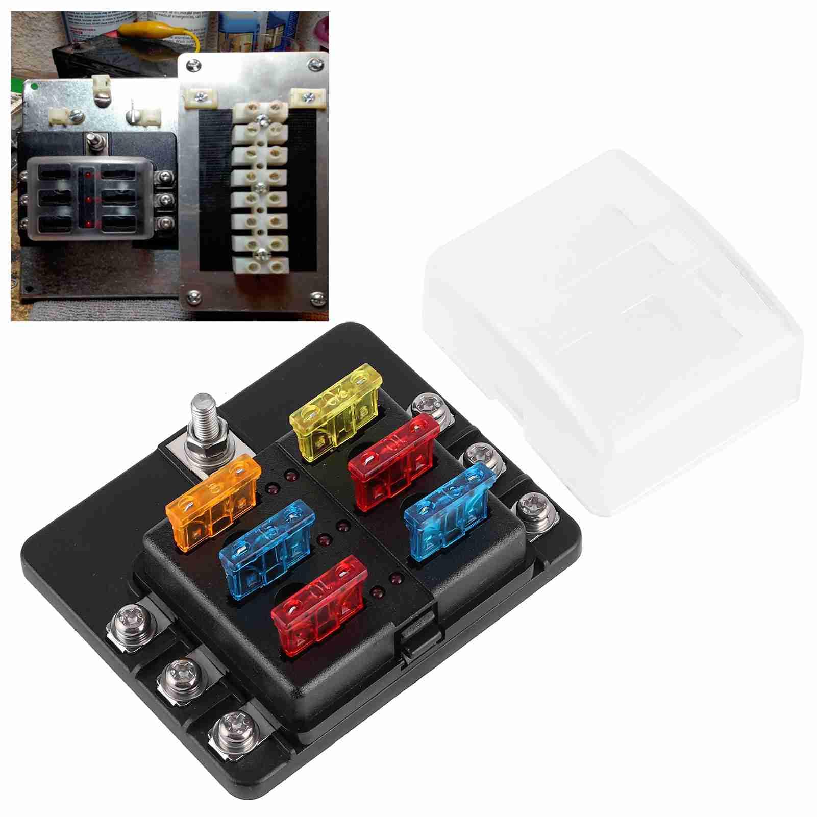Sicherungshalter, 6-Wege-PBT-Box mit LED-Anzeige für Auto, Marine, Boot, Yacht, Hochwertig, Langlebig, Isoliert, Schwarz