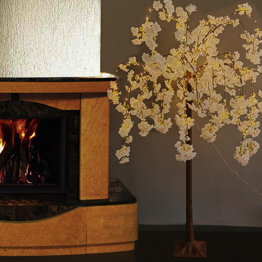 Albero di ciliegio illuminato, albero artificiale a LED, 1,2 m, albero di fiori di ciliegio rosa, con luce per decorazione di interni, cortile di famiglia, festa di matrimonio, festa di Natale, bianco