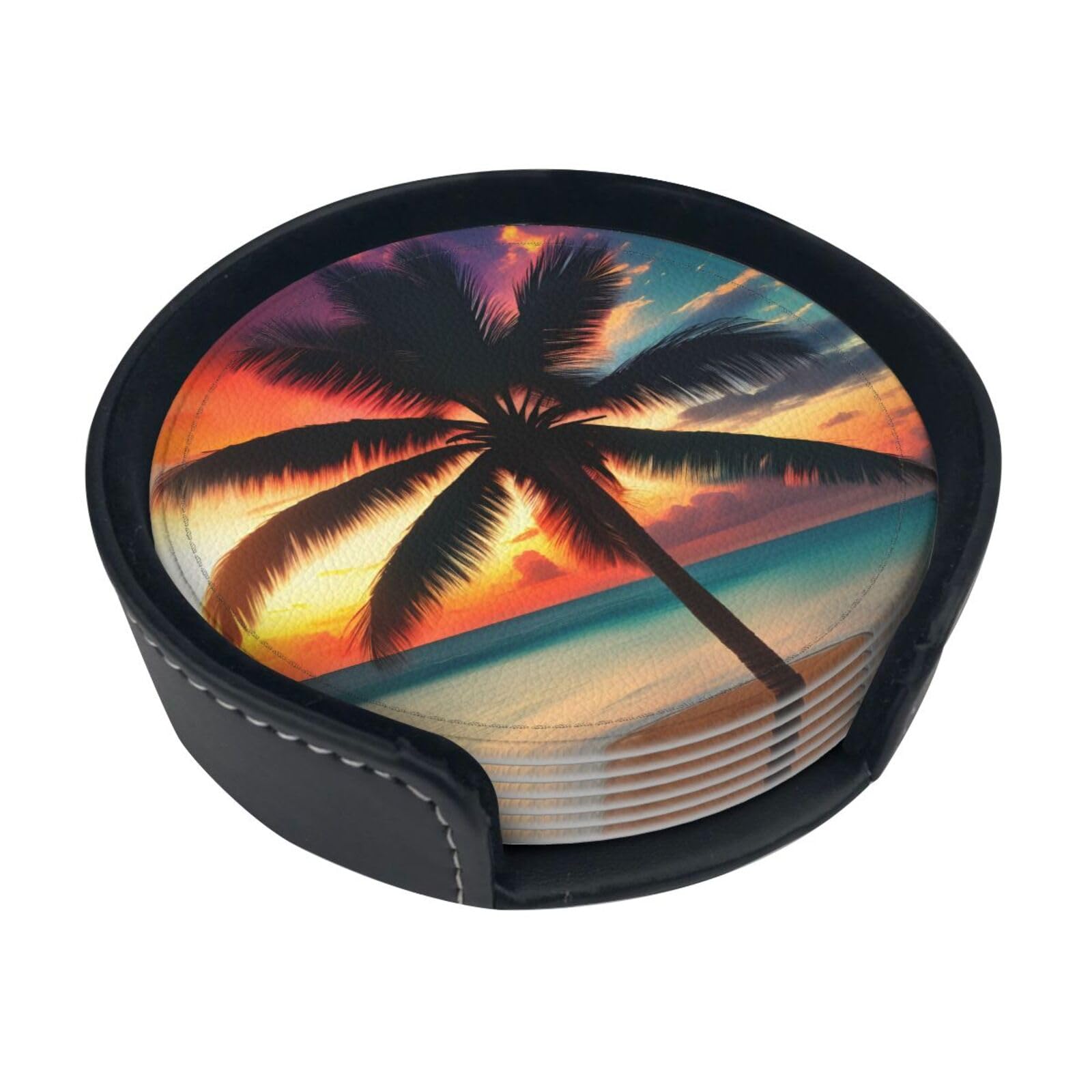 Tropical Beach Palm Tree Sunset Print Round Coasters Set Of 6,Coaster For Tabletop Protection Home Bar Decor
