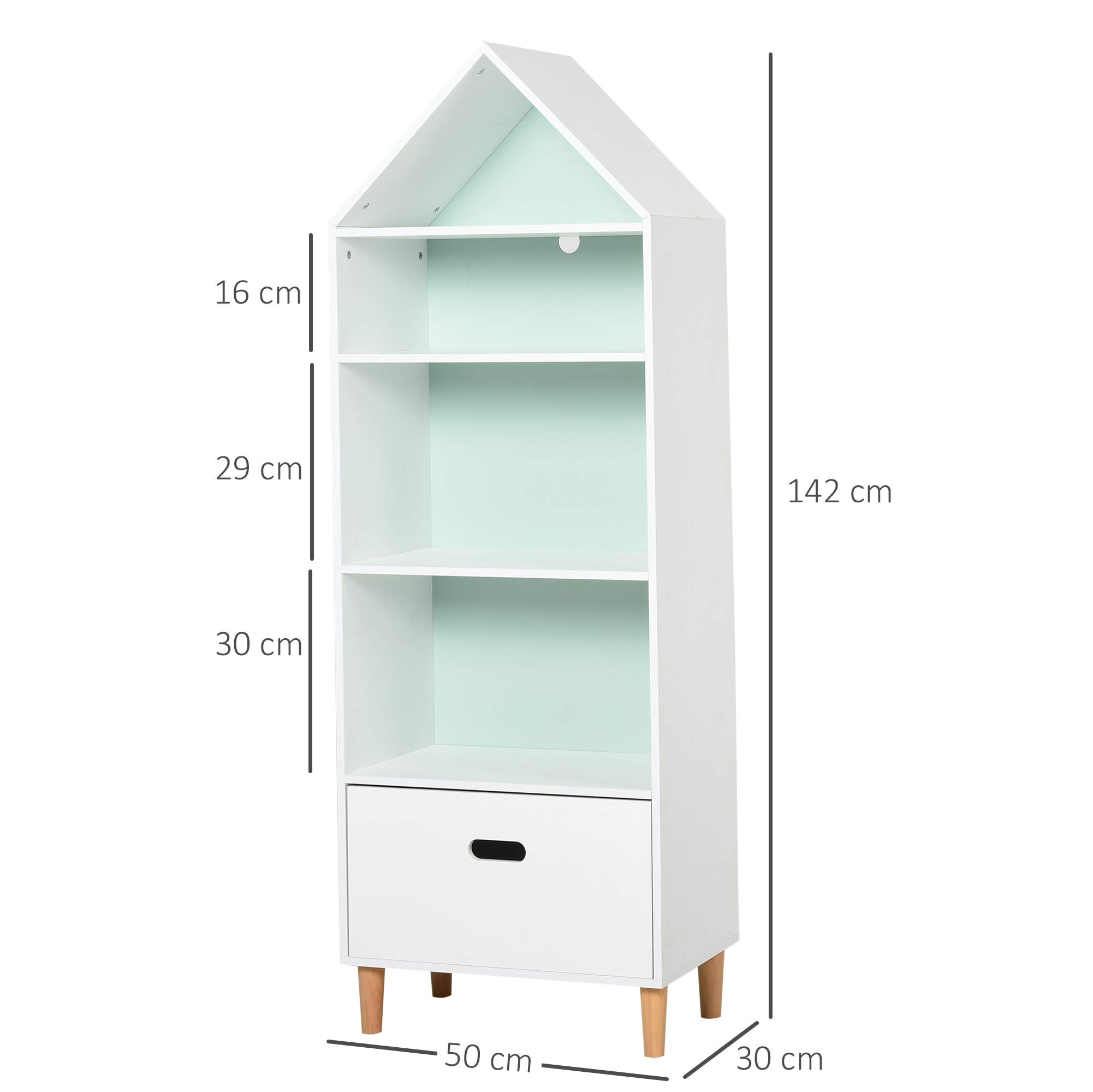 HOMCOM Estantería Infantil Librería de Madera para Niños para Libros Juguetes DVDs con 4 Estantes 1 Cajón Tablero de 2 Colores Diseño Compacto 50x30x142 cm Blanco