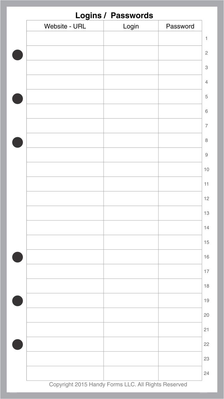 Personal Size Login Password List, Sized and Punched for Filofax Personal Notebook (3.7" x 6.75")