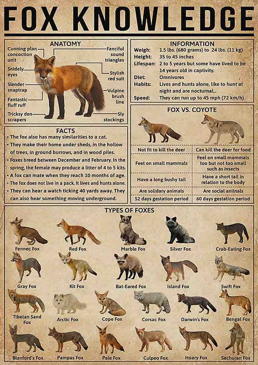 ARA STEP Vintage Knowledge Posters Animals Kitchen Wall Decor Prints UNFRAMED D (297 x 420 mm / 11.7 x 16.5 inches, Fox Knowledge)