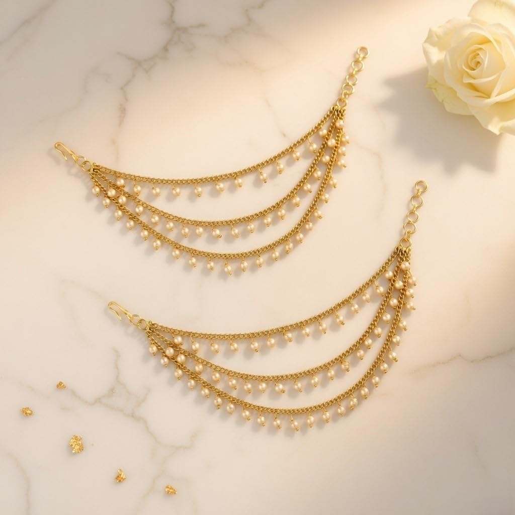 Efulgenz Ear Chains Indian Jewellery Traditional Indian Earrings with Hair Chain Earring Chain Jewelry for Wedding Layered Faux Pearl Charms Ear Chain Earrings for Women