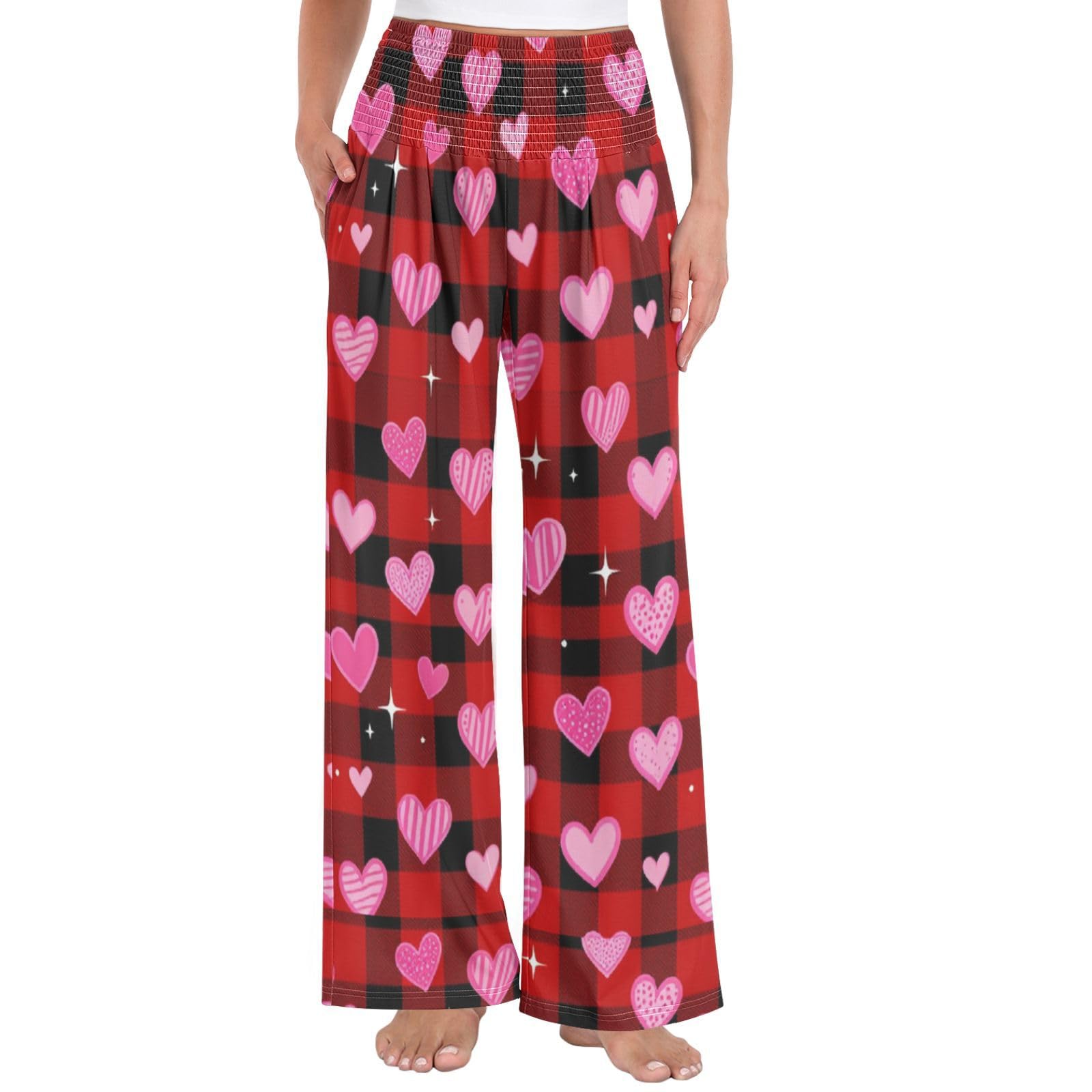 Pantalones de pierna ancha con corazones a cuadros para mujer, ligeros, con tacto modal