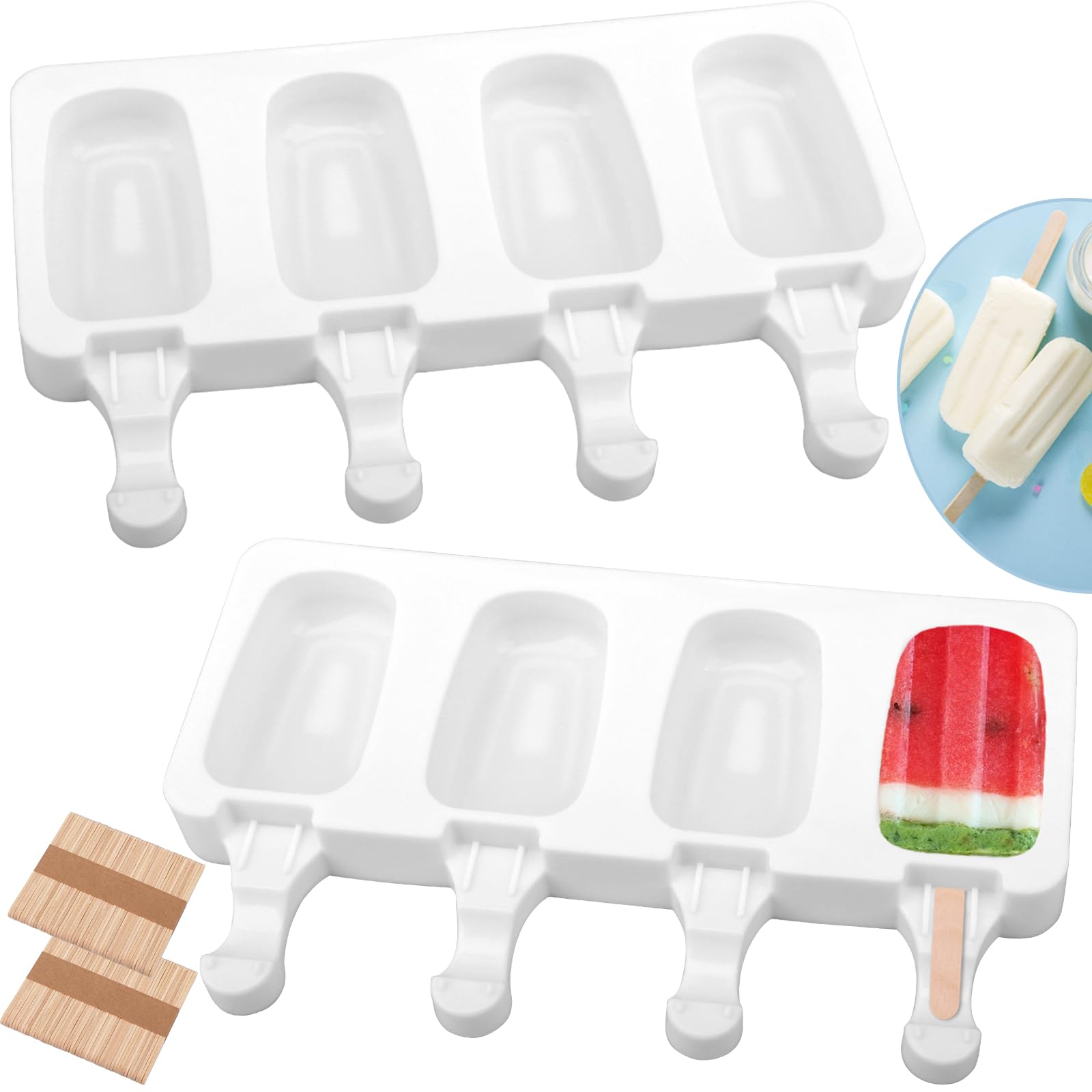 2 Set Silicone Popsicle Molds 4 Cavities Ice Cream Oval Cake Molds with 100 Sticks, Reusable Ice Pop & Cakesicle Mould forKids, DIY Frozen Treats, Summer Snacks, Parties Favors, Easy Release