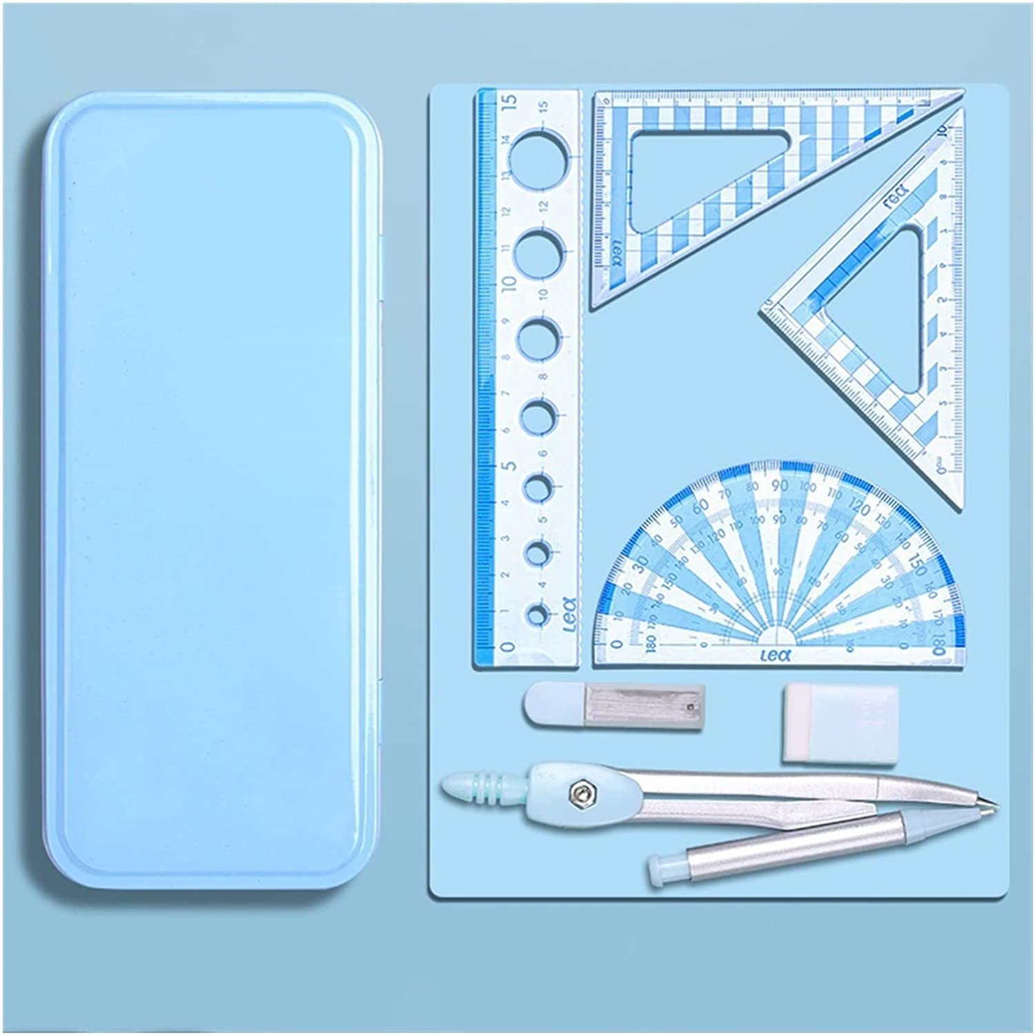 AKAZI Kompass-Set Multifunktionale Kompasse – Zirkel Lineale Radiergummi Mathe-Set Schule Zeichenwerkzeug-Set for Studenten Büromaterial (7PCS) Geometrie-Set (Color : Blue)