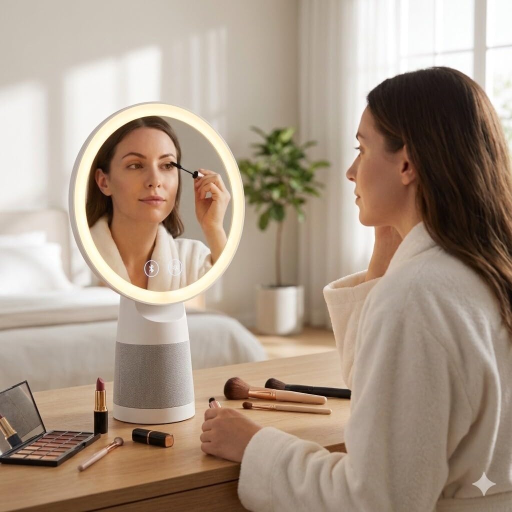 MYD MAKE YOUR DREAMS LED Vanity Makeup Mirror with Bluetooth Speaker | Touch Sensor, Adjustable Brightness | Round Tabletop Dressing Table Mirror for Women (7 x 9 Inch) 4