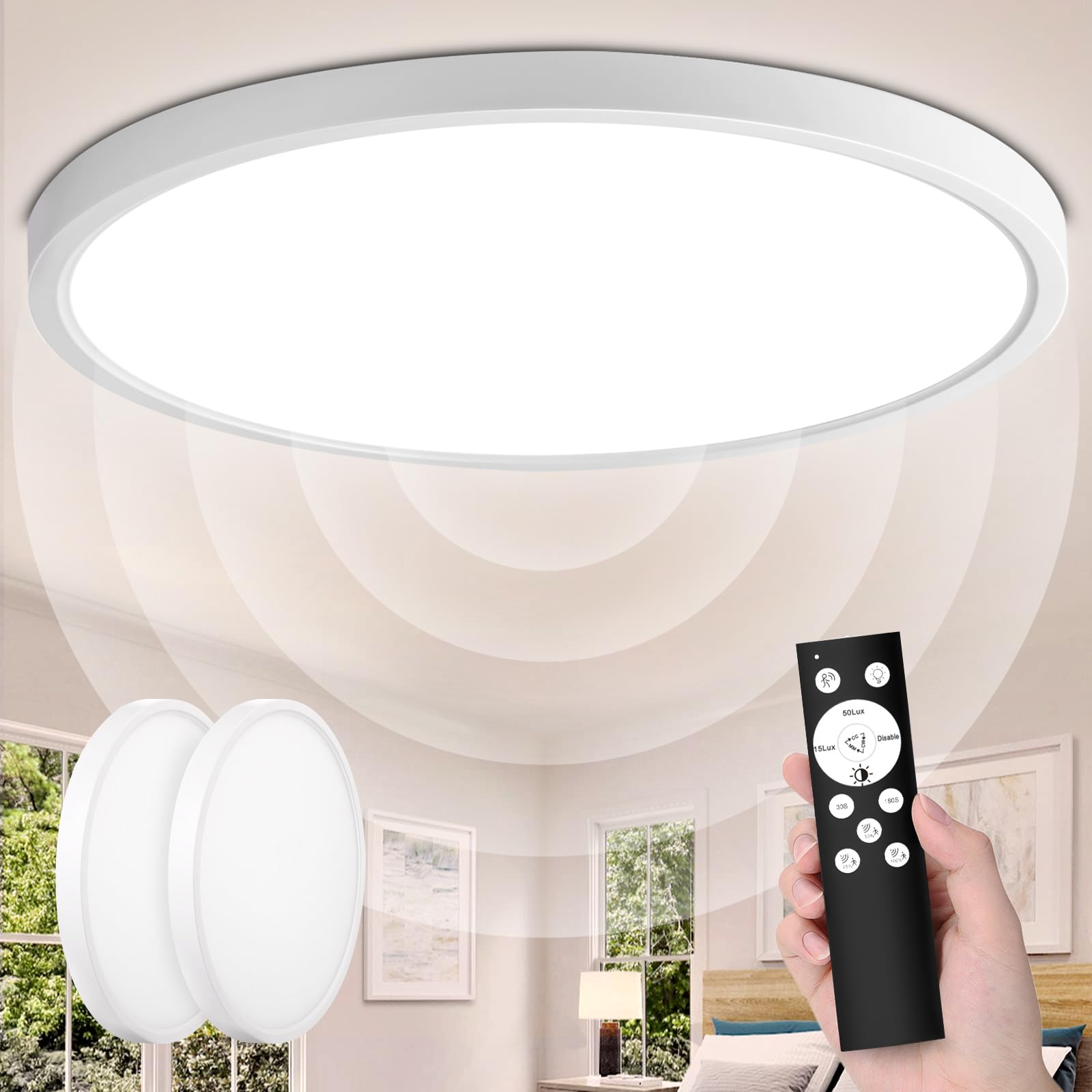 VivaLet 2 Stück LED Deckenleuchte mit Bewegungsmelder 28W 2800LM, 3000K/4000K/6000K Dimmbar Deckenlampe Flach mit Fernbedienung, IP54 Sensor Licht mit Lichtsensor für Bad, Keller, Treppen, Garage 30cm