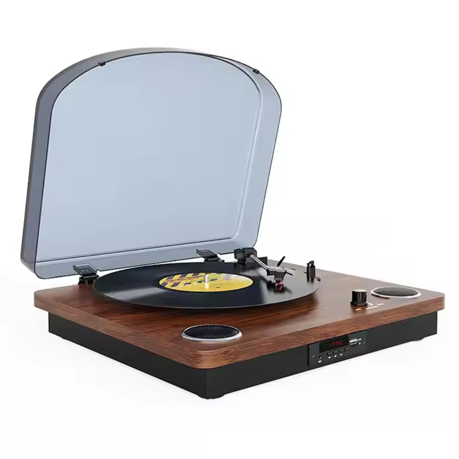 Giradischi con altoparlanti - Dischi in vinile da 7/10/12", 33/45/78 giri, Bluetooth integrato, radio FM, uscita RCA, USB, ingresso AUX, riproduzione wireless - Design in legno e plastica marrone