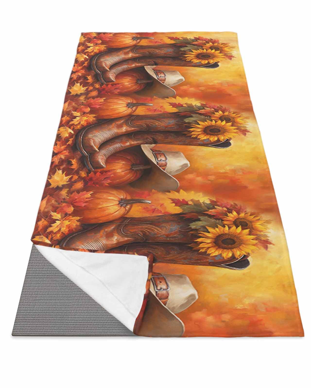 BOSIJOY Yoga Mat Towel,Fall Thanksgiving West Cowboy Boot Non Slip Sweat Absorbent Hot Yoga Towels with Corner Pockets,Sunflower Pumpkin Maple Leaf Soft Microfiber Towel for Pilates Bikram 74