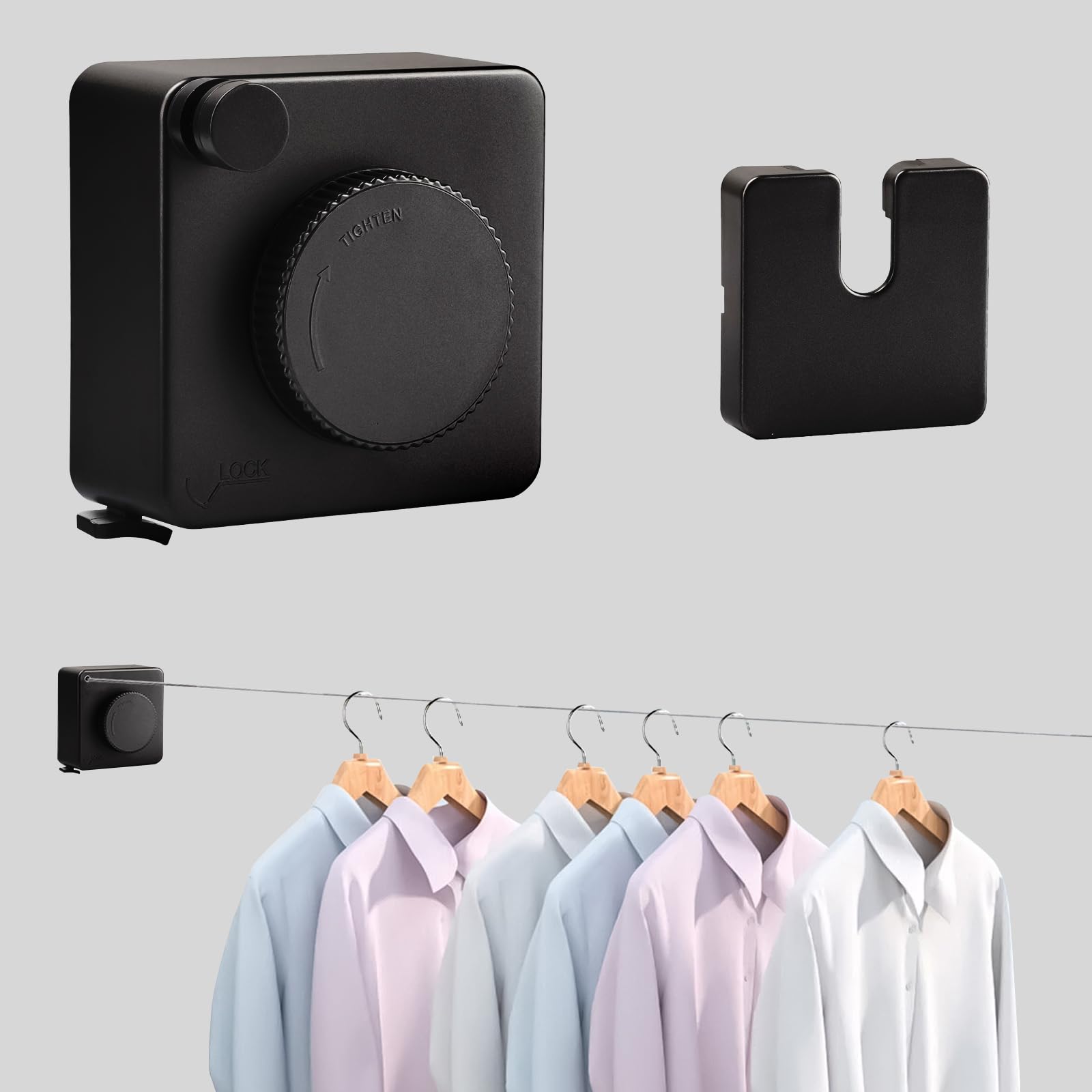 Corde à Linge Rétractable pour Intérieur et Extérieur 4.8m Acier Inoxydable | Aucun Perçage Requis, Extensible Ligne à Laver Murale sans Affaissement, Fil à Linge pour Appartement, Hôtel, Buanderie, Noir