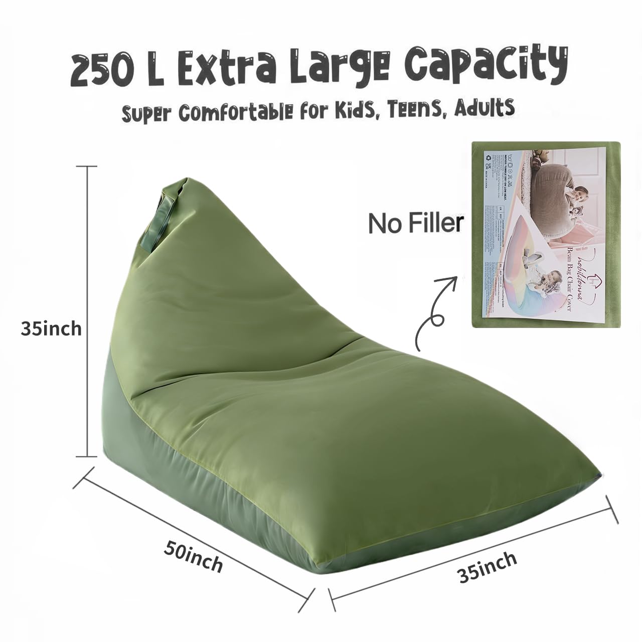 Fodera per poltrona sacco (senza imbottitura) per adulti, extra large triangolare da 250 l, lavabile, senza imbottitura, ultra morbida, rivestimento in velluto di alta qualità (verde)