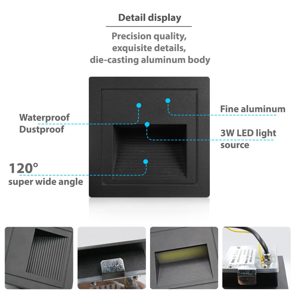 Arotelicht 8er Set 3W LED Treppenleuchte Quadratische Treppenlicht , Wandleuchte Aussen Wandeinbauleuchte 230V Mauer Beleuchtung Lampe Alu Warmweiß 3000K IP65, Schwarz, Inkl. Dose | Der S Experte 2026