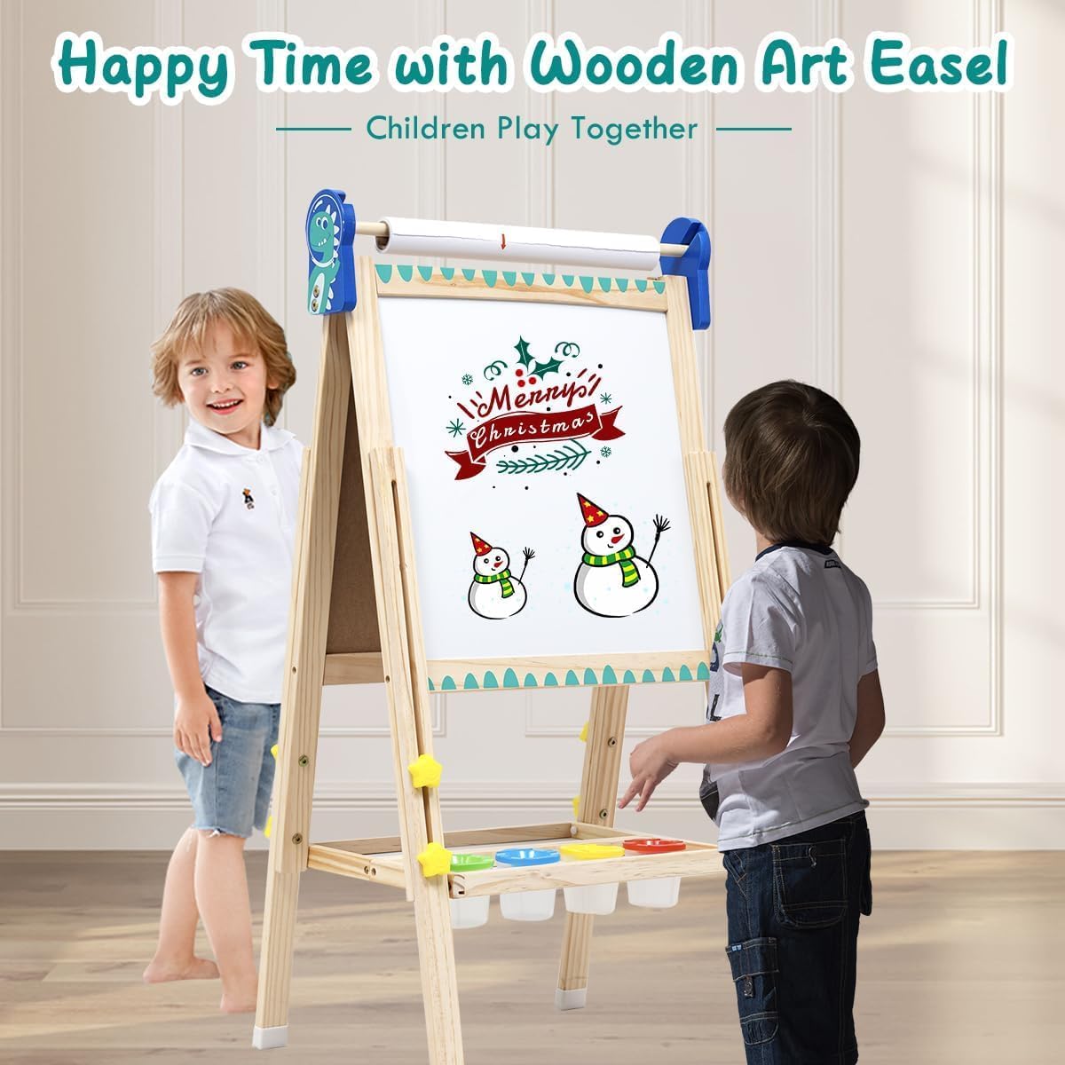 Cavalletto per Bambini a Doppia Faccia in Legno Lavagna Bianca in Legno Cavalletto in Altezza Regolabile con Carta Adesivi Accessori Vassoio di Stoccaggio per Bambini 3+ Anni Regalo