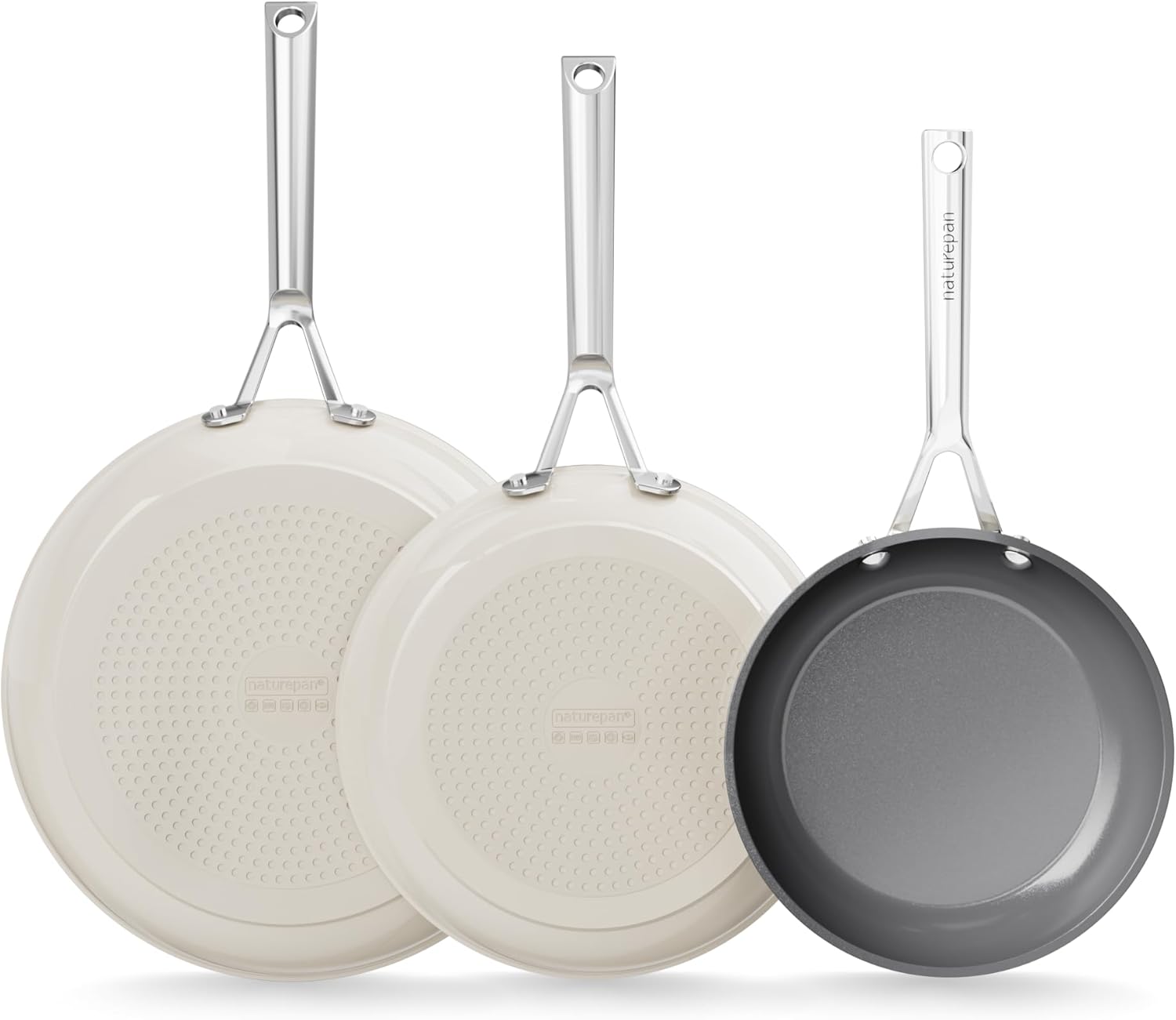 DiamondTitan Ceramic Pan Set 3 Piece （8, 9.5, 11 inch）, NonStick Frying Pan, PTFE/PFAS/PFOA-Free, Oven-Safe, Dishwasher Safe, Stay Cool Handle (Biege)