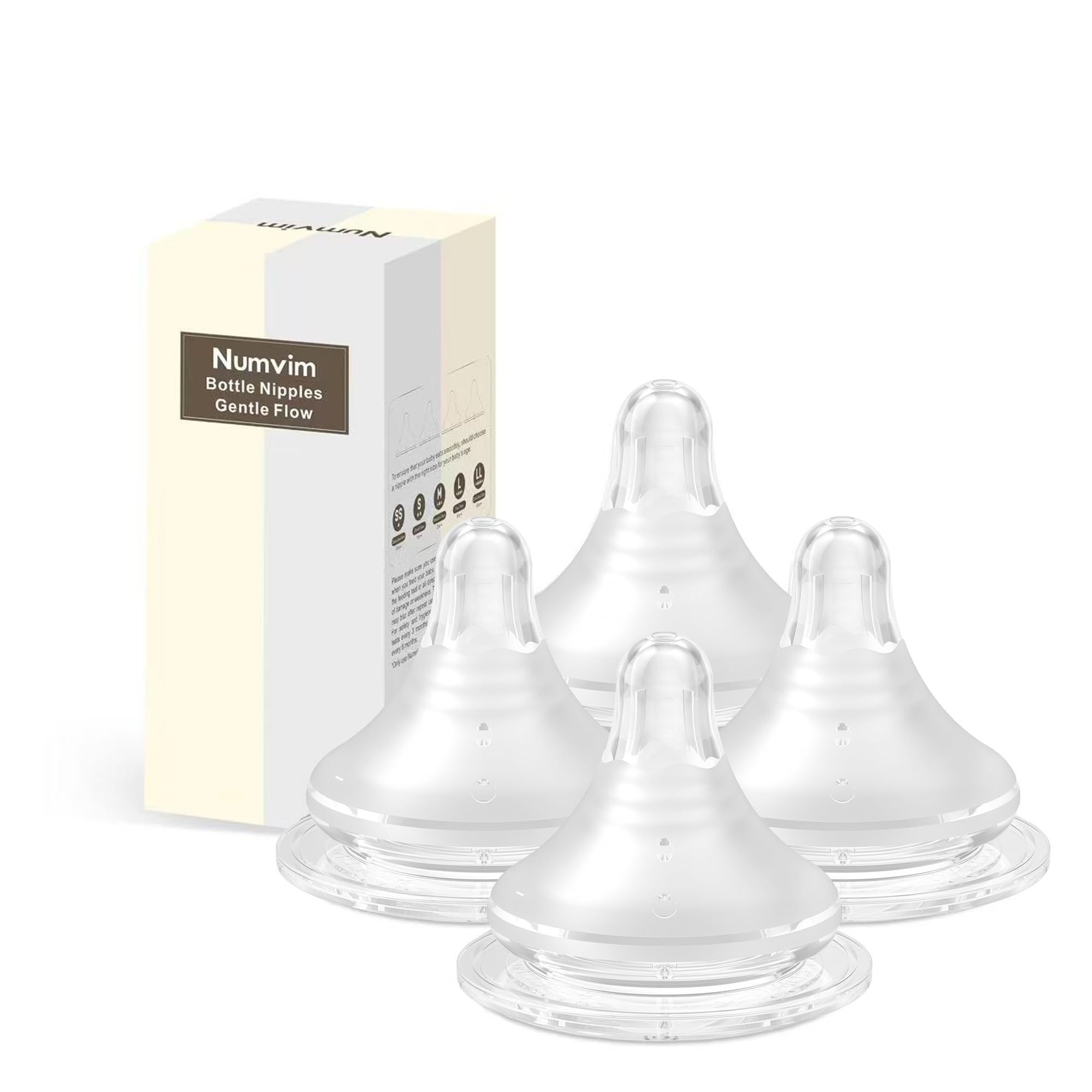 Numvim Silicone Bottle Nipple with Latch-On Point, Gentle Flow, Natural Feel (1m+, S, 4 Counts)