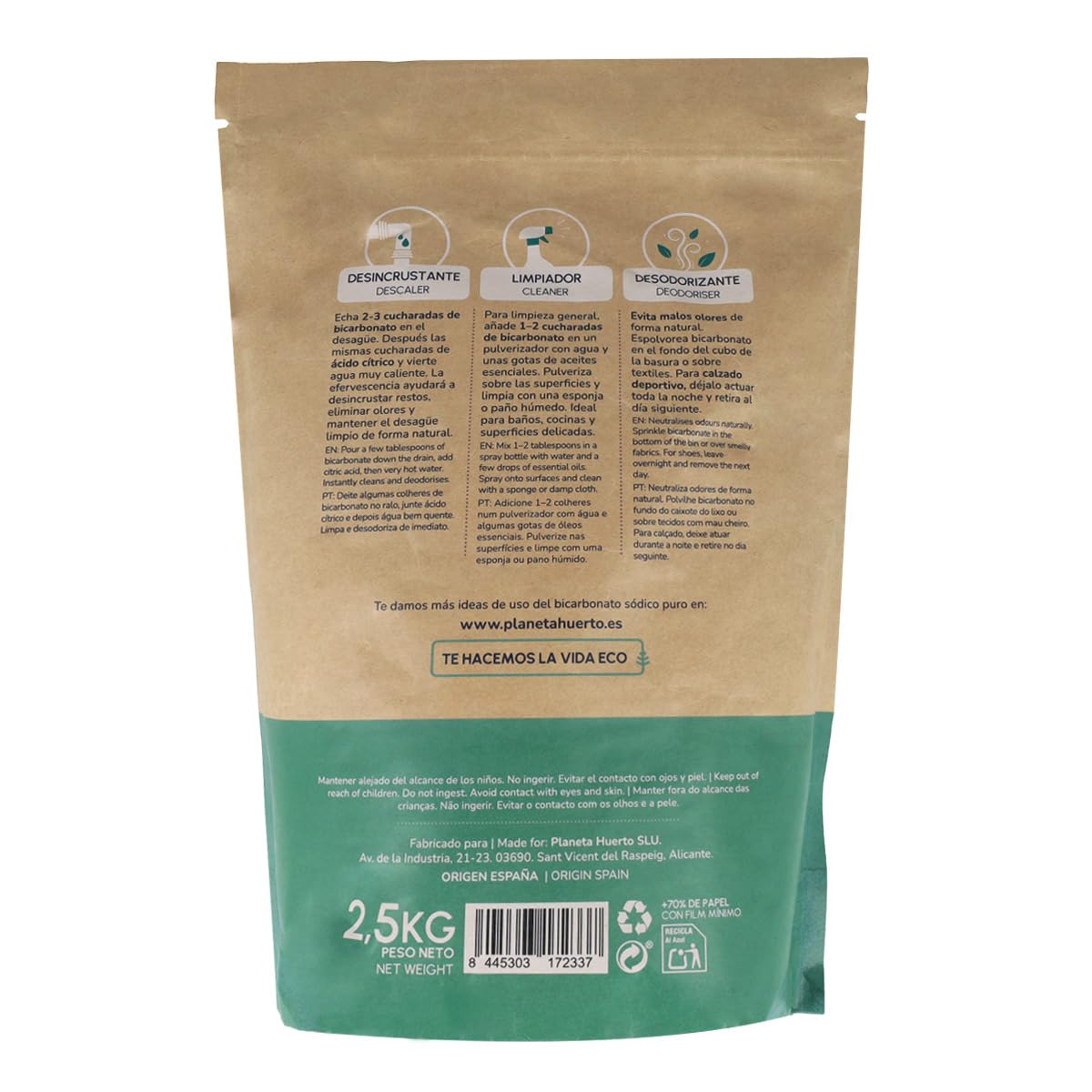 PLANETA HUERTO | Pack 3x Bicarbonato Sódico Ecológico 2.5 kg - Limpieza y Desodorización Natural Multiusos para el Hogar y Más