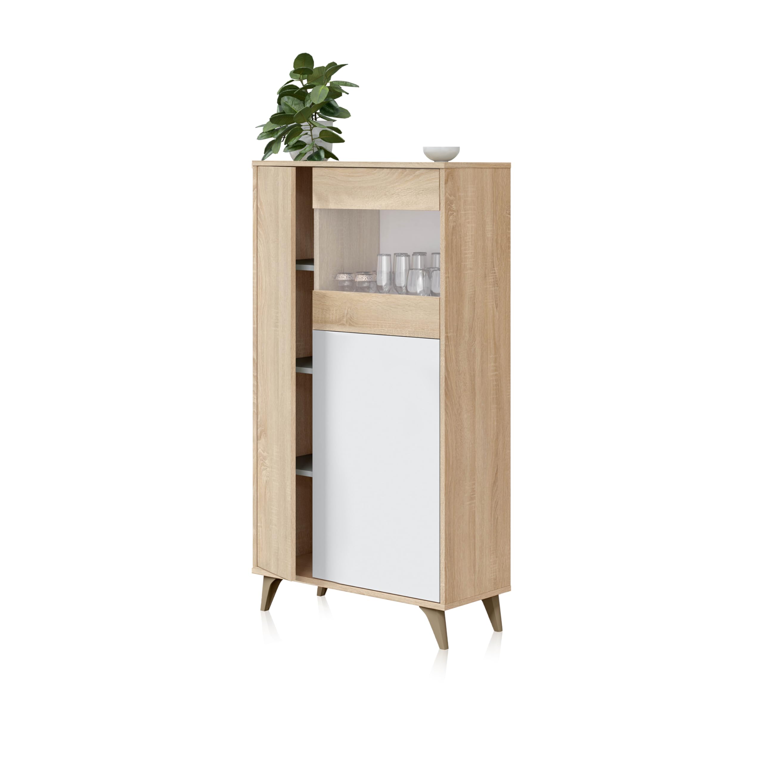 duehome | Vitrina con 3 Puertas, Bueffet para salón, Modelo Lira, Acabado en Blanco Artik y Roble Canadian, Medidas: 77 cm (Ancho) x 142 cm (Alto) x 33 cm (Fondo)